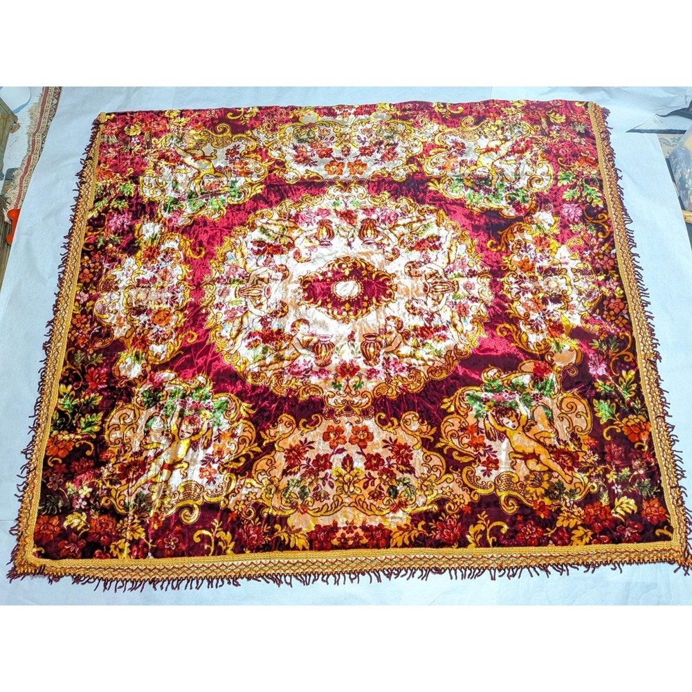 VTG 70s Besana Italian Velvet Tapestry 101" X 85" Bedspread Cherub Flower Sheet